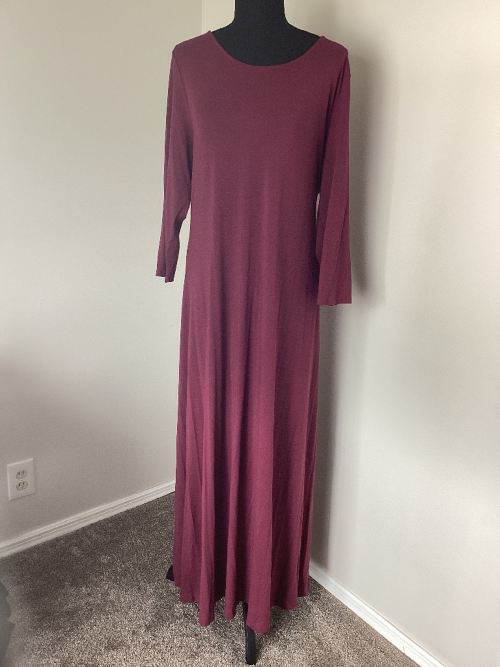 J. Jill Maroon Burgandy Port Wine Stretch  Maxi Dress Bracelet sleeve  Size XL